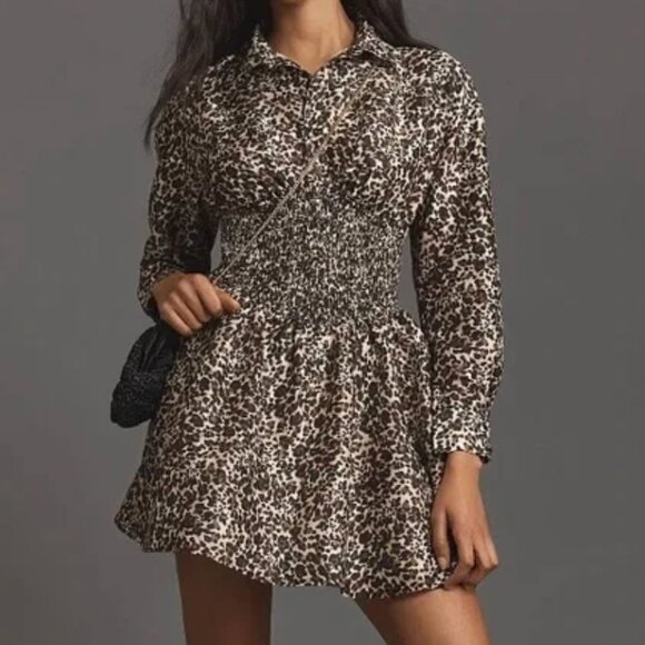 Hutch - Leopard Animal Print Smocked Waist longsleeve Collared Mini Dress - Sz S - Picture 1 of 4